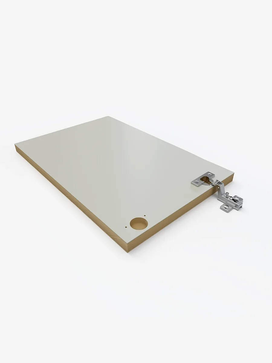 Furação de dobradiça e de montagem usinada na face de uma peça de MDF pela router CNC
