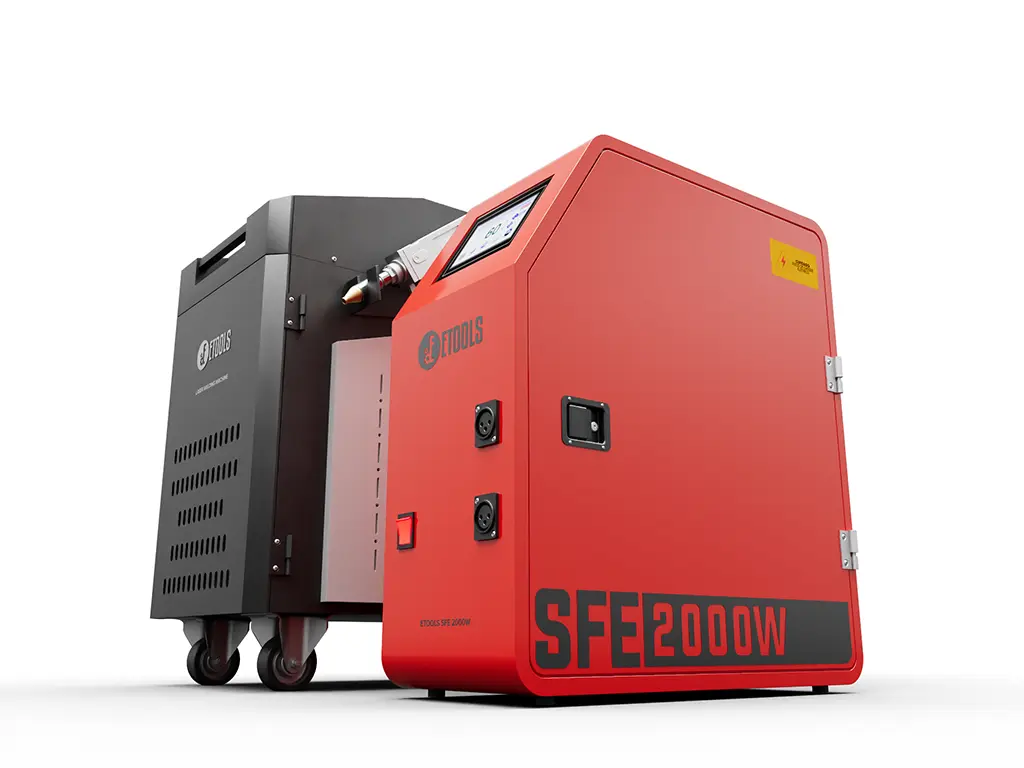 SFE 2000W de lado: alimentador de arame duplo vermelho com os conectores e a chave liga-desliga na frente, e a fonte preta sobre rodízios atrás