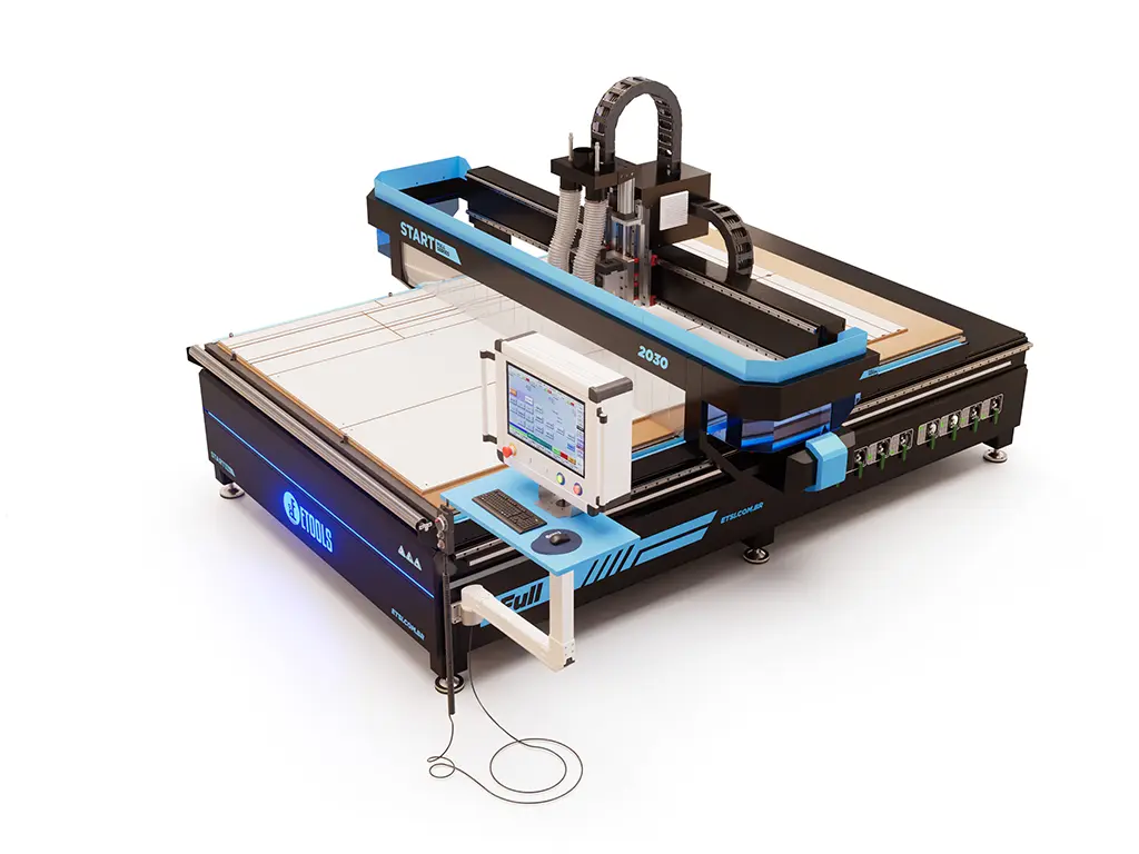 Router CNC Start Full 2030 com chapa inteira de MDF fixada na mesa setorizada de vácuo