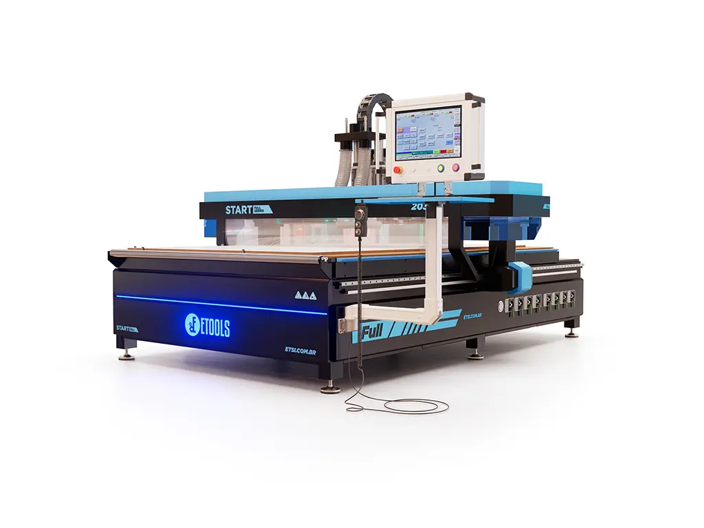Router CNC Start Full 2030 vista lateral, com comando Syntec e esquadro pneumático