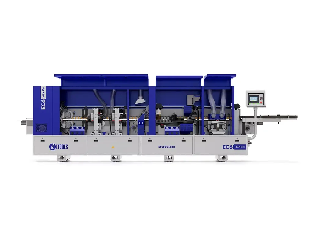 Coladeira de bordas automática EC6 Max S30 em vista lateral, com os grupos de trabalho à mostra